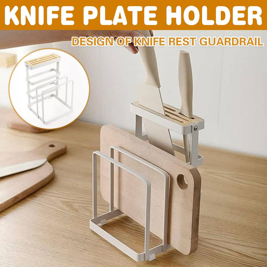 Chopping Board and Knife Holder Rack - White and Natural Wood