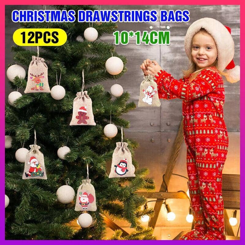 Christmas Burlap Drawstring Gift Bags, 10 x 14 cm, Pack of 12