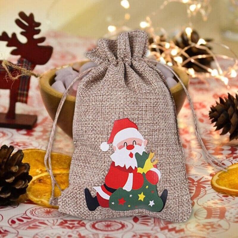 Christmas Burlap Drawstring Gift Bags, 10 x 14 cm, Pack of 12 - view 4