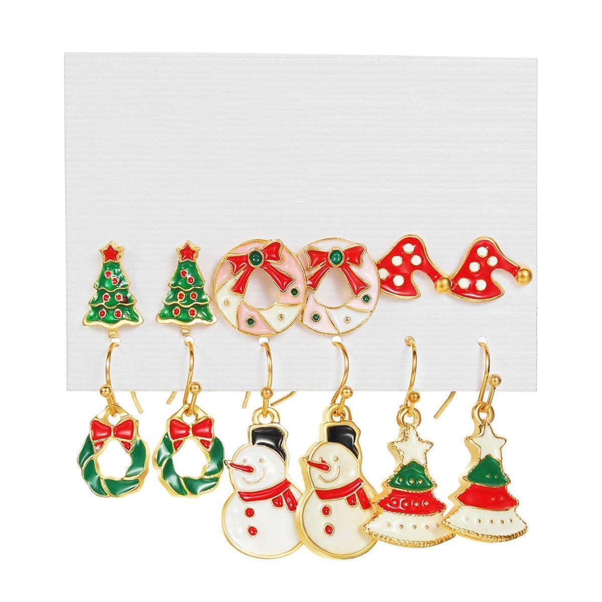 Christmas Earrings Set, 6 Pairs - Snowman, Wreath and Santa Hat