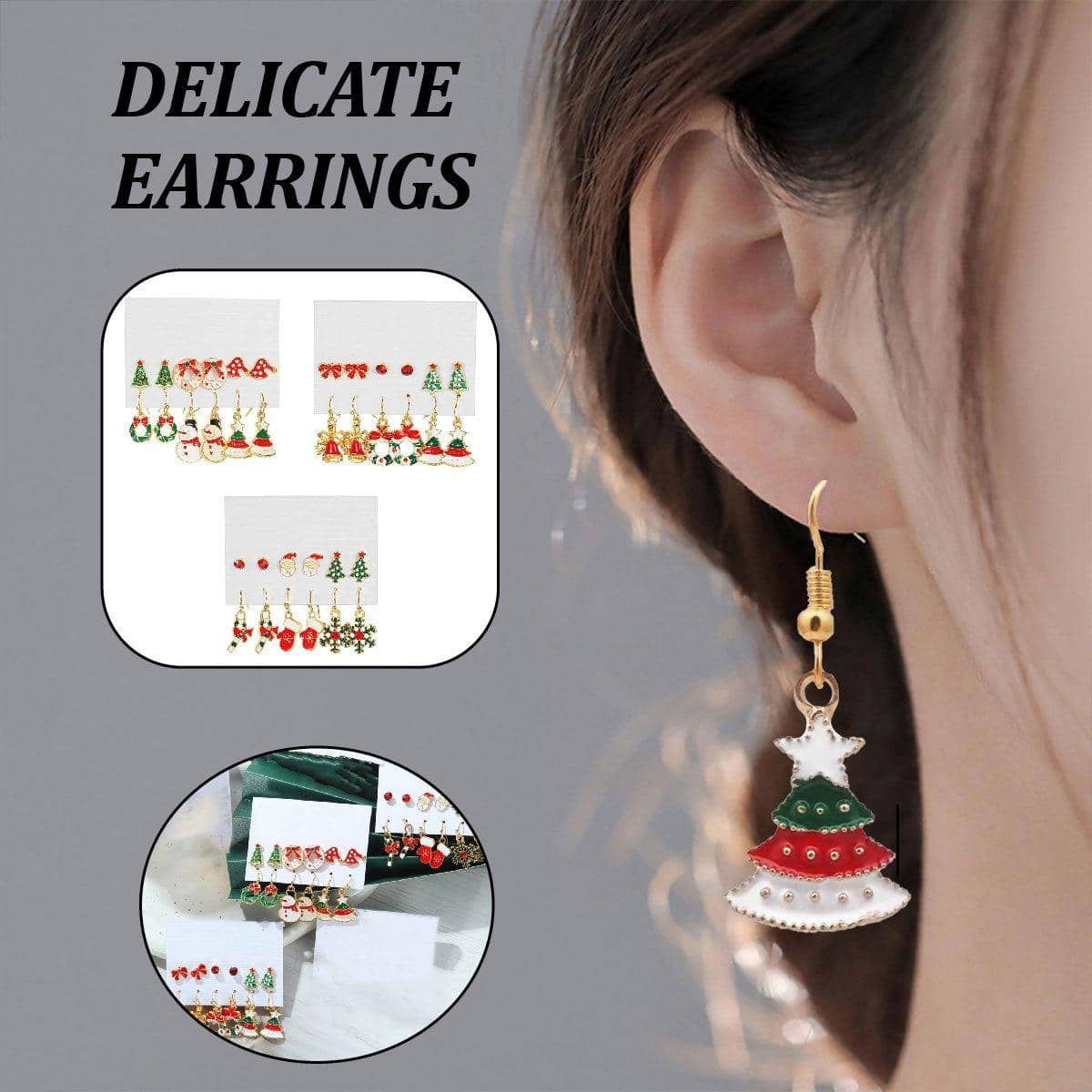 Christmas Earrings Set, 6 Pairs - Snowman, Wreath and Santa Hat - view 2