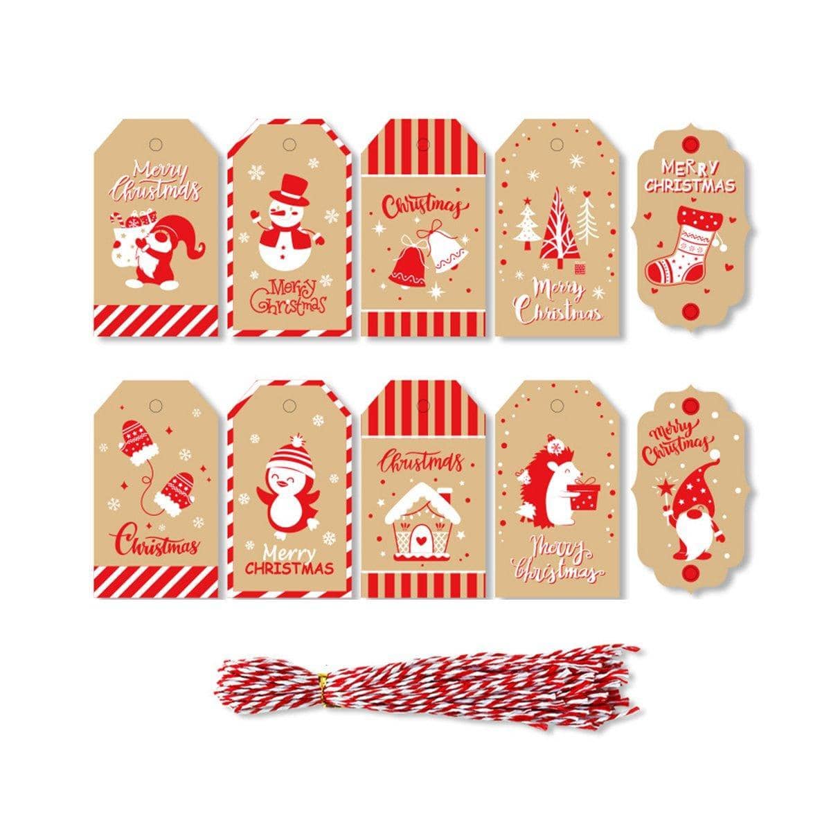 Christmas Kraft Paper Gift Tags with Twine, Pack of 50 - Kraft with Red and White Candy Stripes