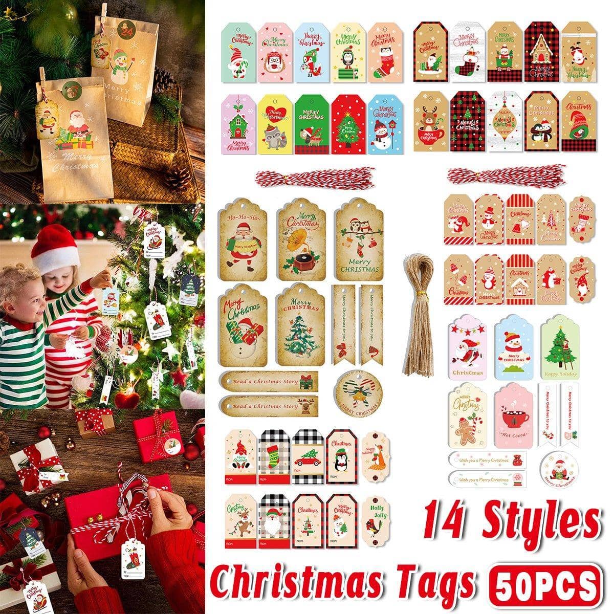 Christmas Kraft Paper Gift Tags with Twine, Pack of 50 - Kraft with Red and White Candy Stripes - view 2