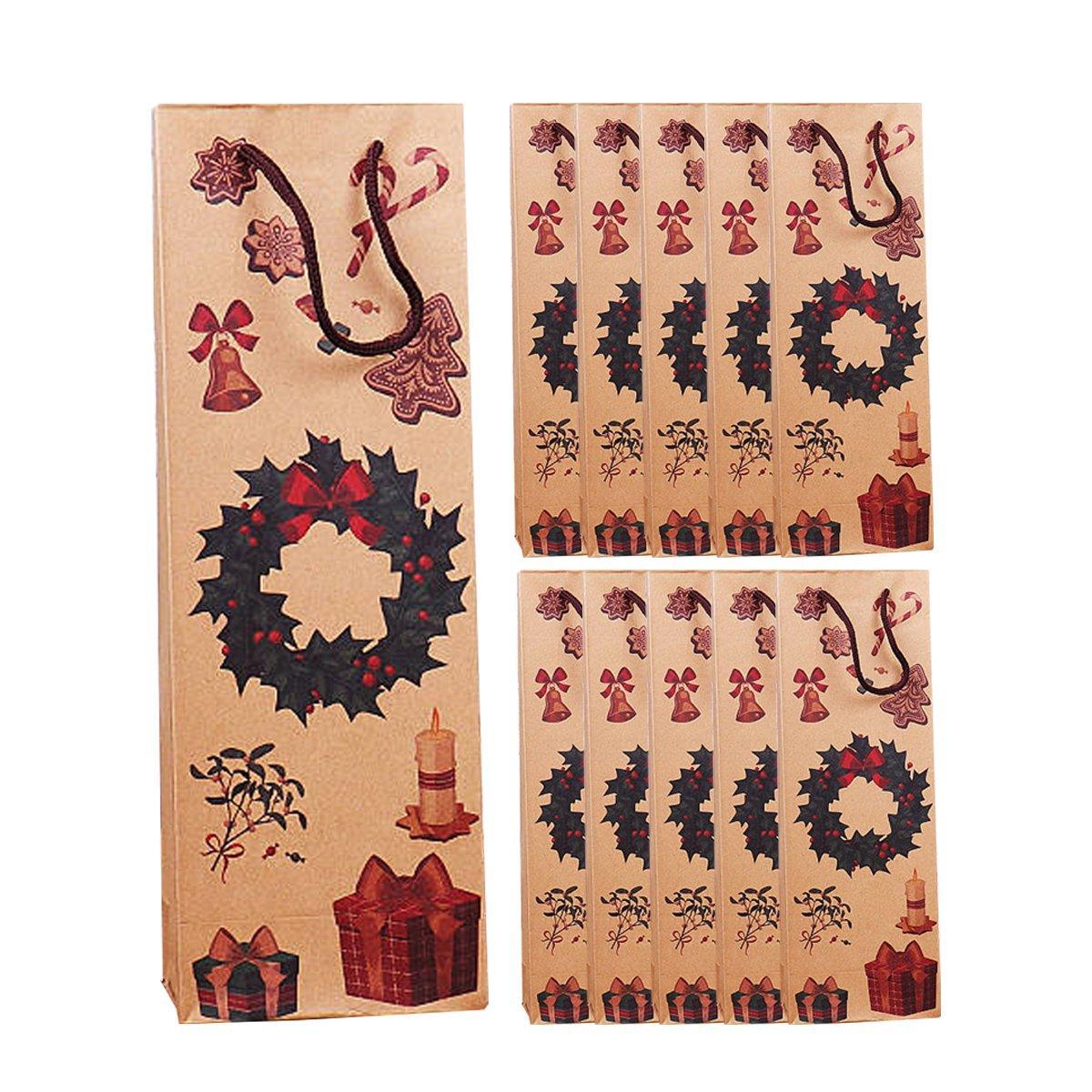 Christmas Kraft Paper Wine Bottle Gift Bags, Pack of 20 - Wreath Design