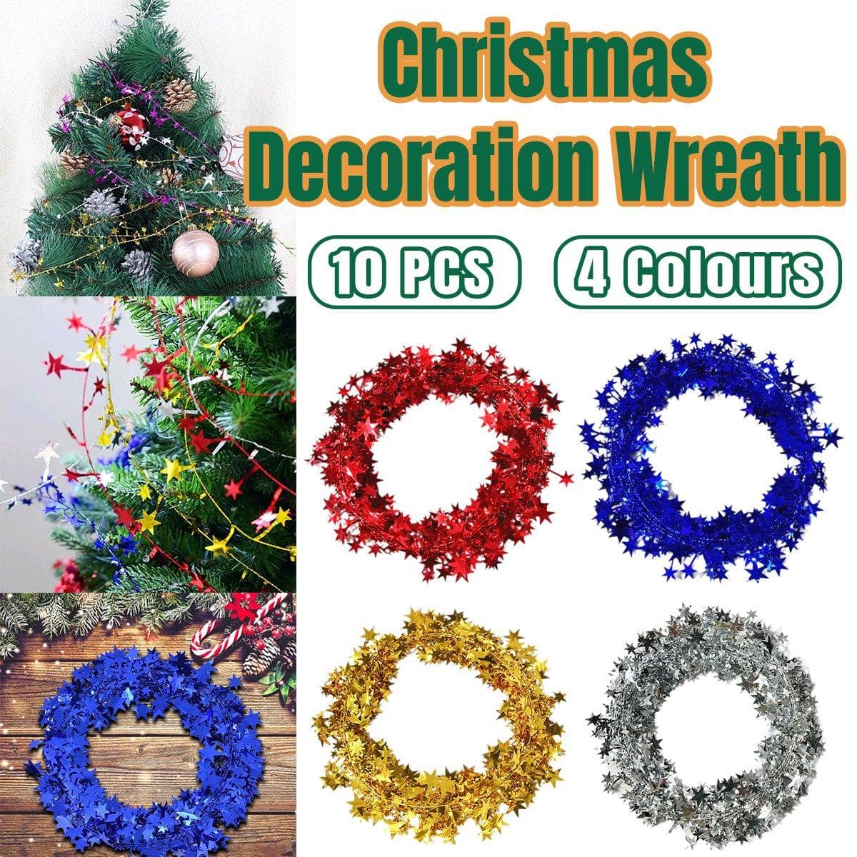 Christmas Metallic Star Garland Wreath Decorations, Pack of 10 - Red - view 2