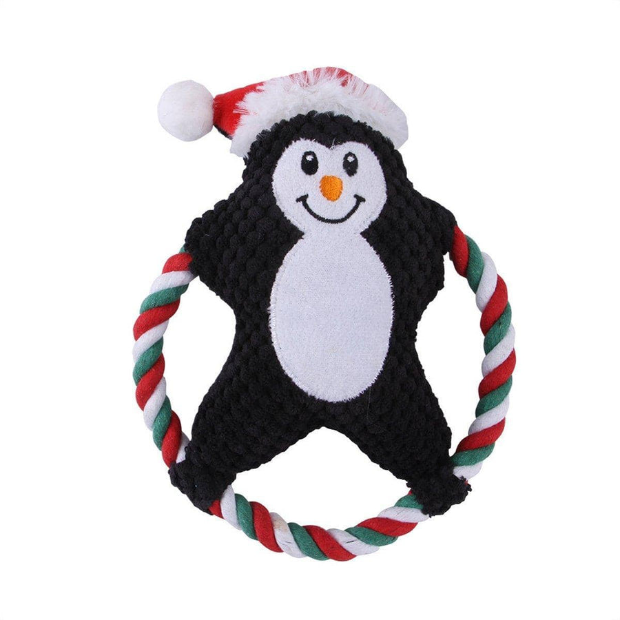 Christmas Plush Dog Toy with Rope Ring - Penguin in Santa Hat