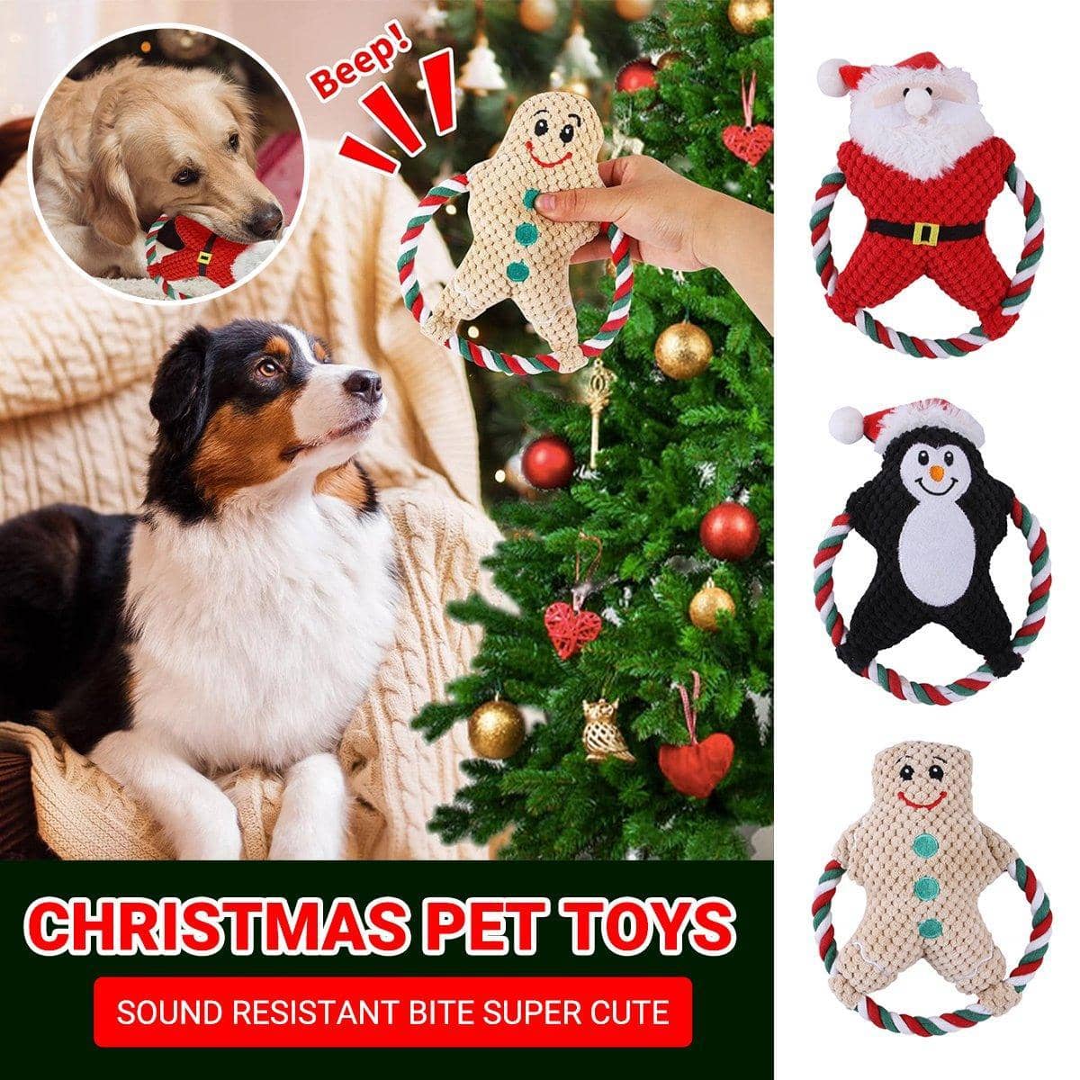 Christmas Plush Dog Toy with Rope Ring - Penguin in Santa Hat - view 2