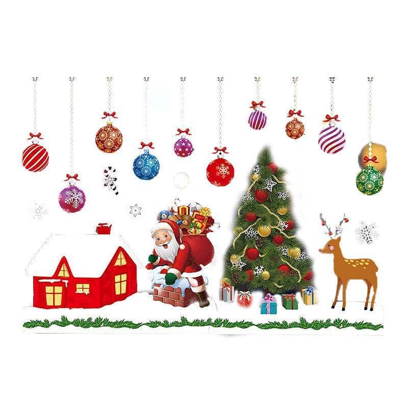 Christmas Window Glass Sticker Decal Mural - Multicolour Baubles, Santa and Reindeer