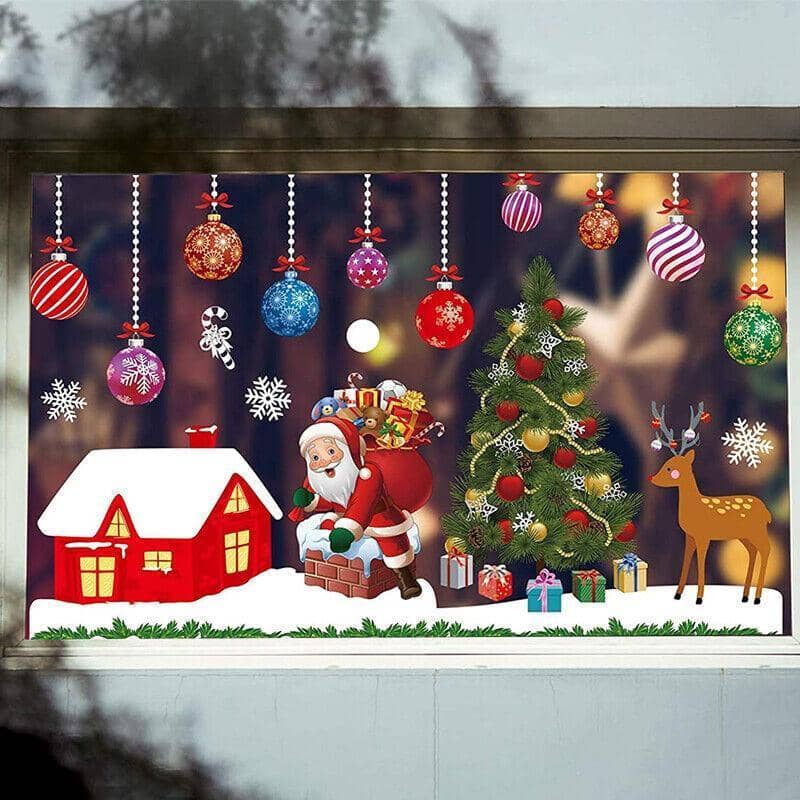Christmas Window Glass Sticker Decal Mural - Multicolour Baubles, Santa and Reindeer - view 3