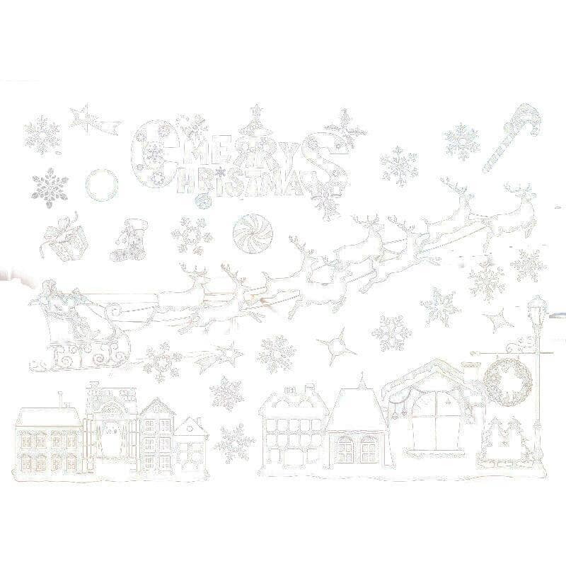 Christmas Window Glass Sticker Decal Mural - White Santa Sleigh and Village