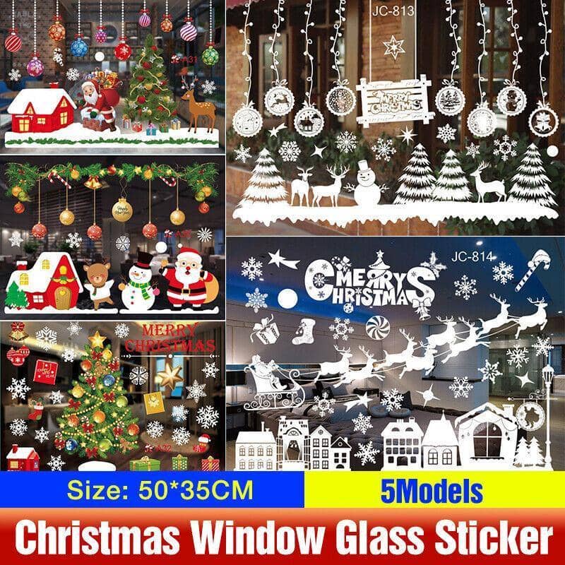 Christmas Window Glass Sticker Decal Mural - White Santa Sleigh and Village - view 2