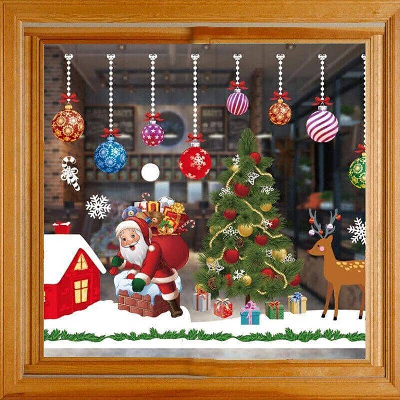 Christmas Window Glass Sticker Decal Mural - White Santa Sleigh and Village - view 4