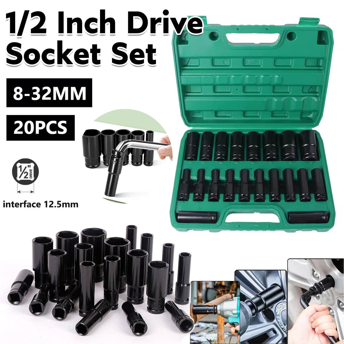 Chrome Vanadium Socket Set 20 Piece, 1/2 Inch (1.27 cm) Drive, 8mm to 32mm with Case