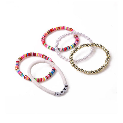 Clay Bead Bracelet Set with Faux Pearls, Set of 5 - Multicolour