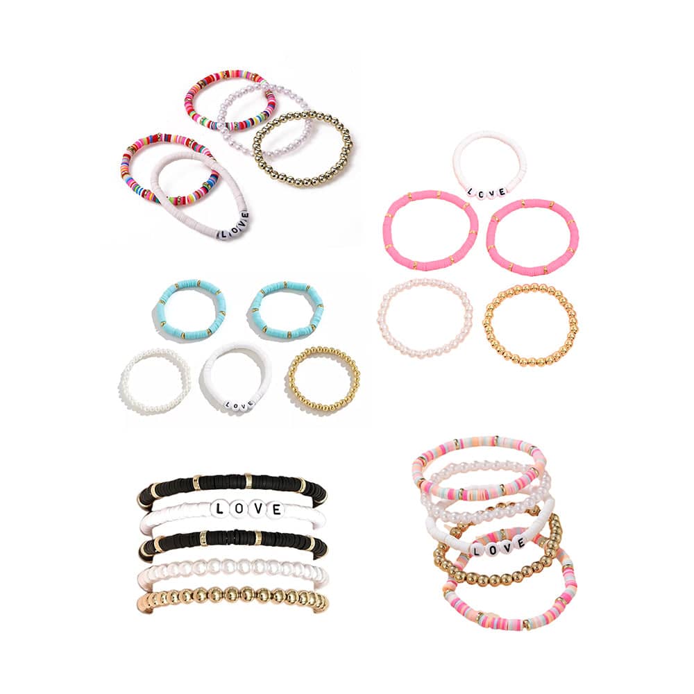 Clay Bead Bracelet Set with Faux Pearls, Set of 5 - Multicolour - view 3