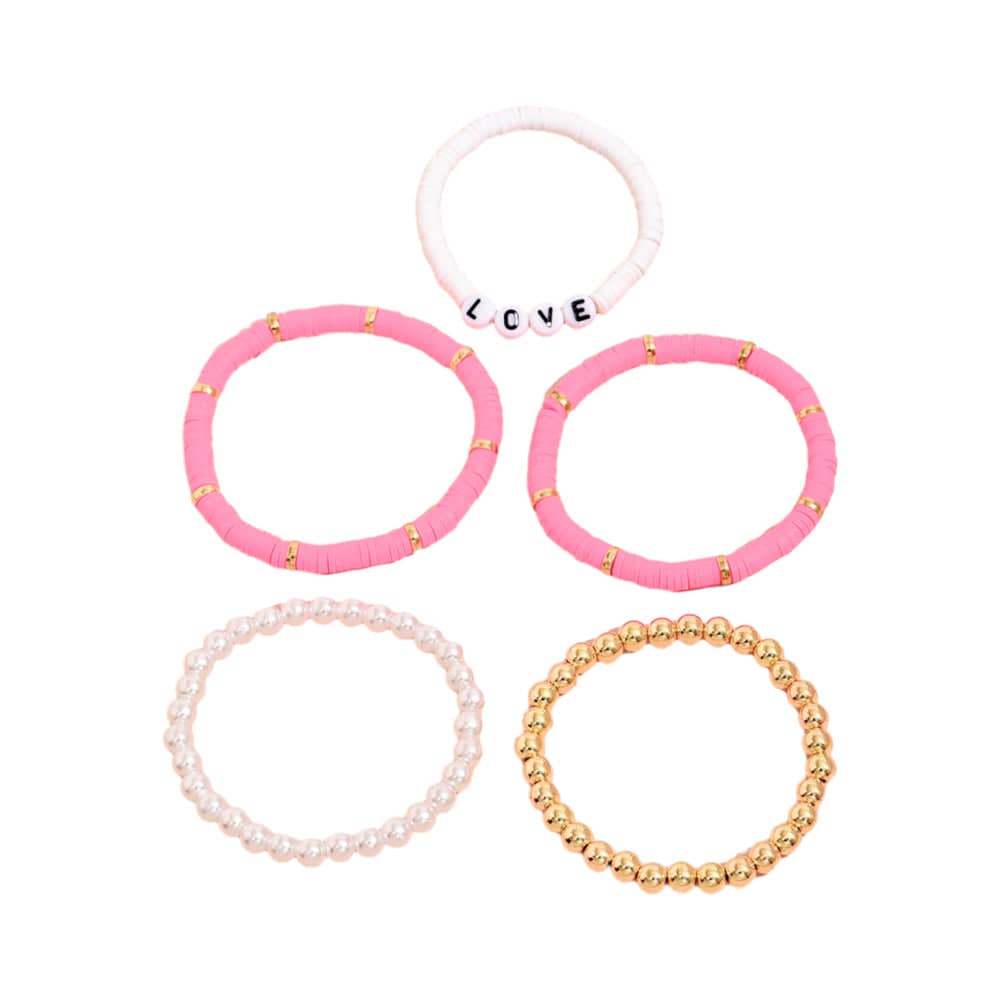 Clay Bead Bracelet Set with Faux Pearls, Set of 5 - Pink