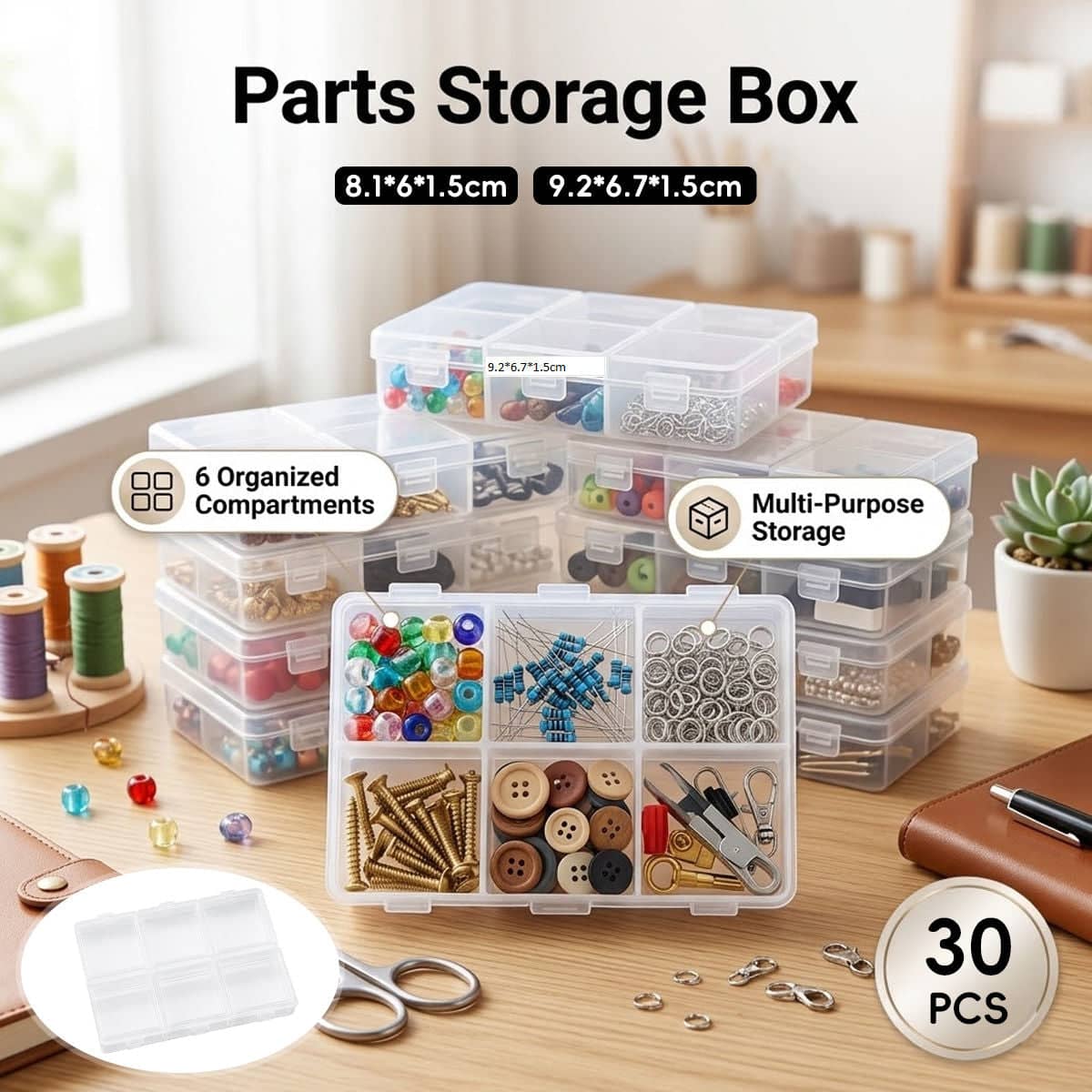 Clear 6 Compartment Parts Storage Boxes, Pack of 30 - Medium (9.2 x 6.7 x 1.5 cm) - view 2