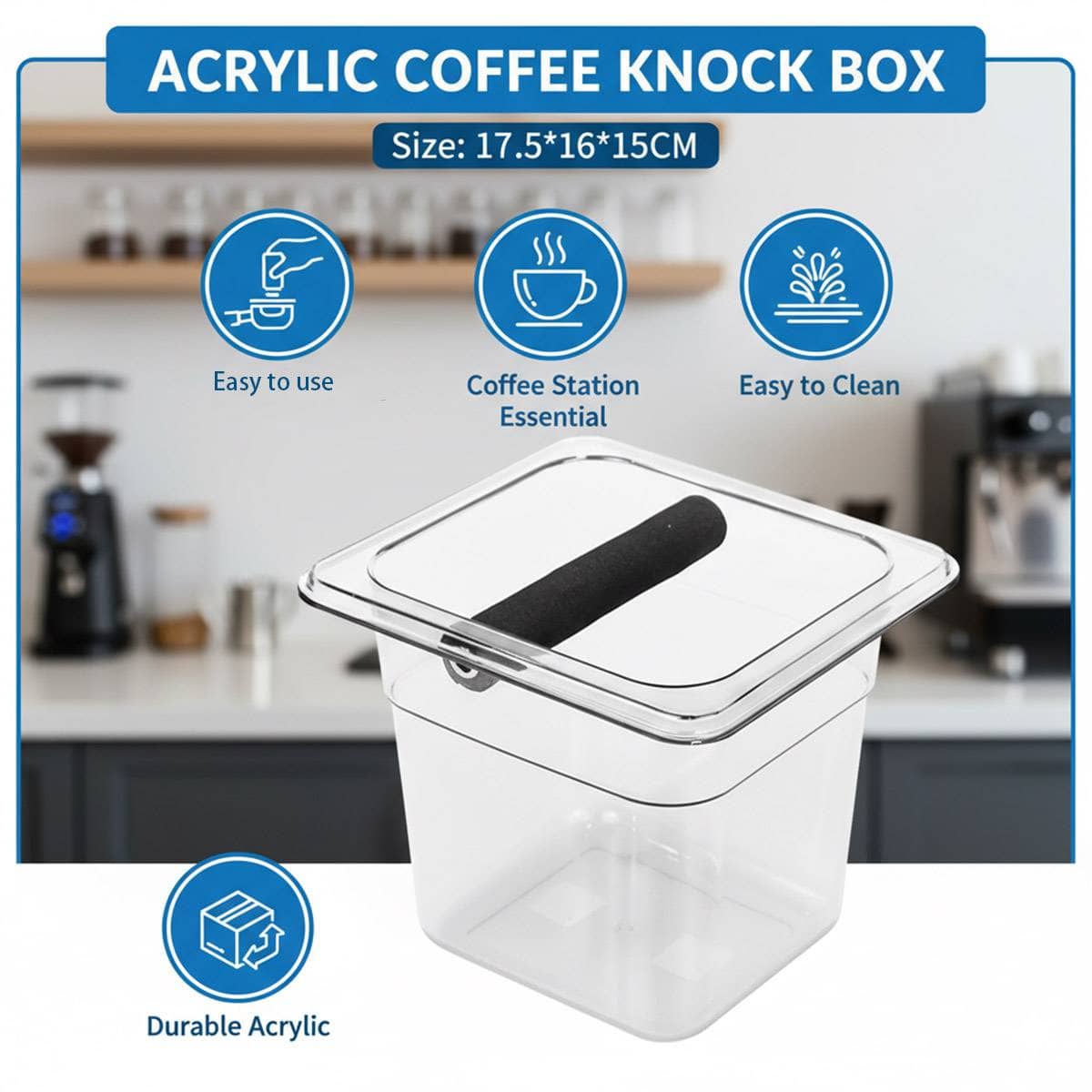 Clear Acrylic Coffee Knock Box Espresso Grounds Bin with Rubber Bar