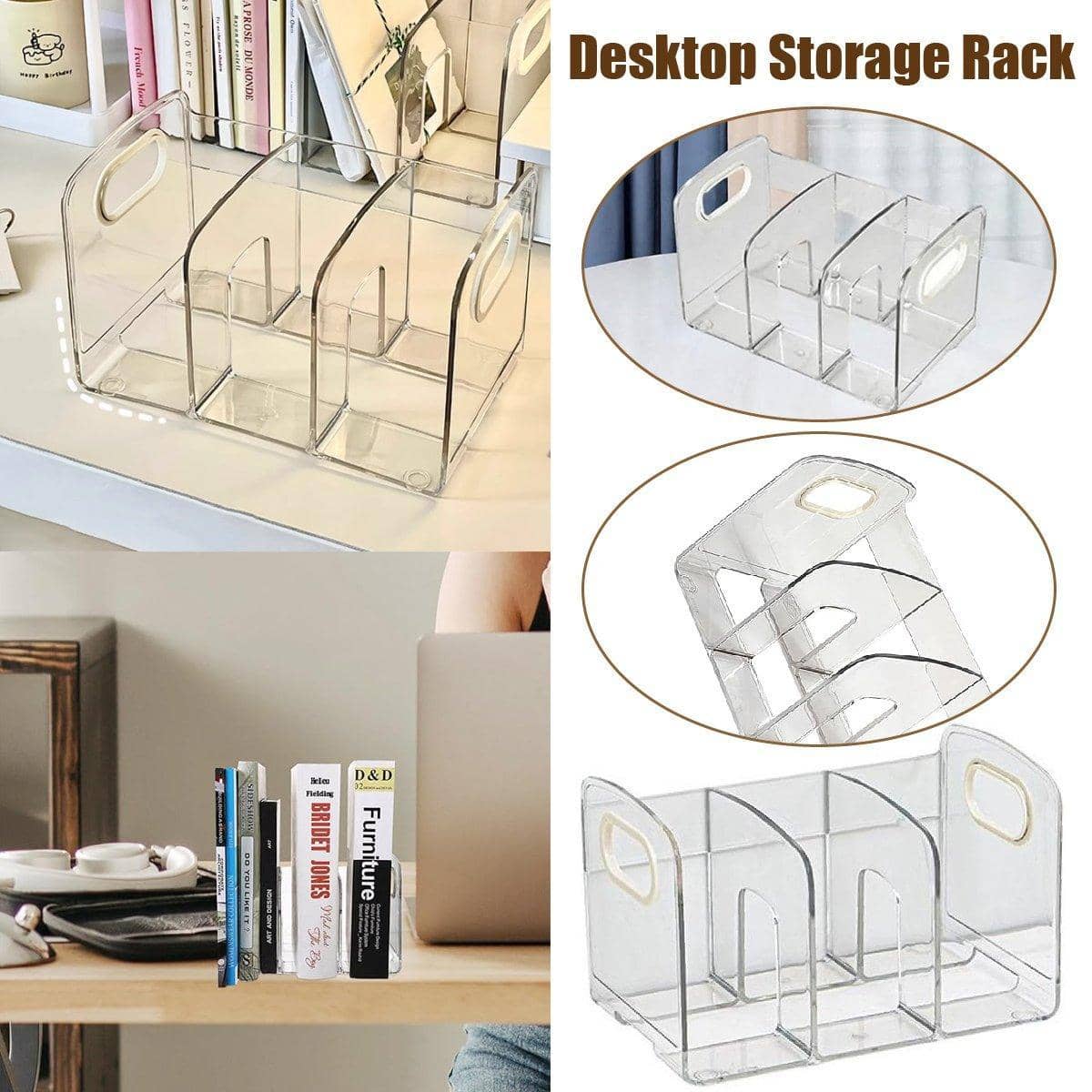 Clear Acrylic Desktop Organiser, Book Stand, File Rack and Pen Holder with Handles