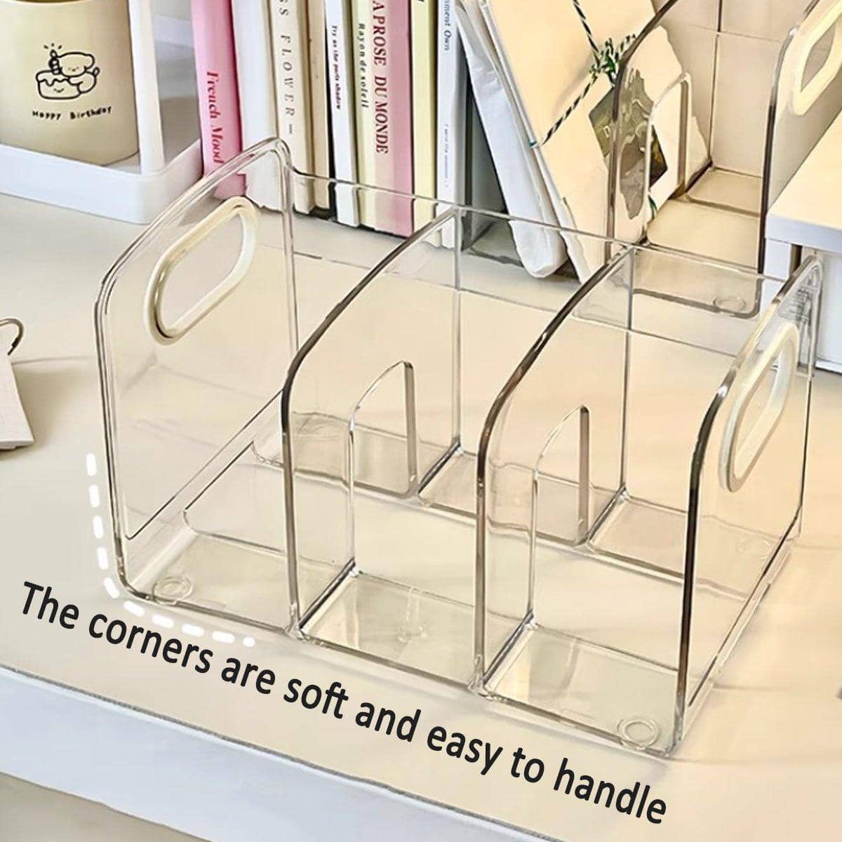 Clear Acrylic Desktop Organiser, Book Stand, File Rack and Pen Holder with Handles - view 5