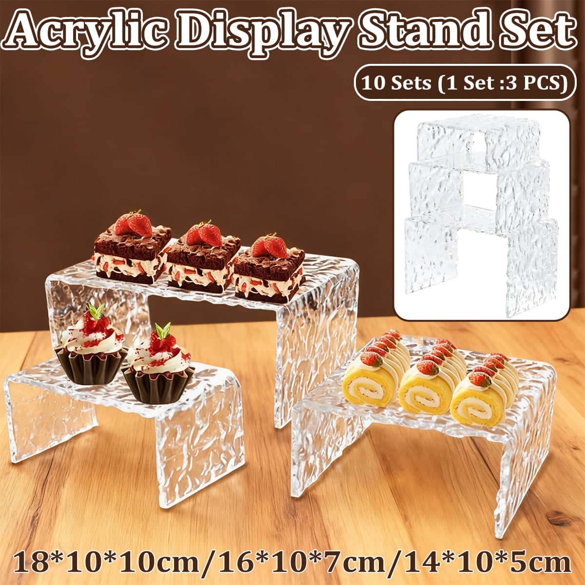 Clear Acrylic Dessert Display Risers Set of 10 (30 Pieces) for Cakes and Fruit