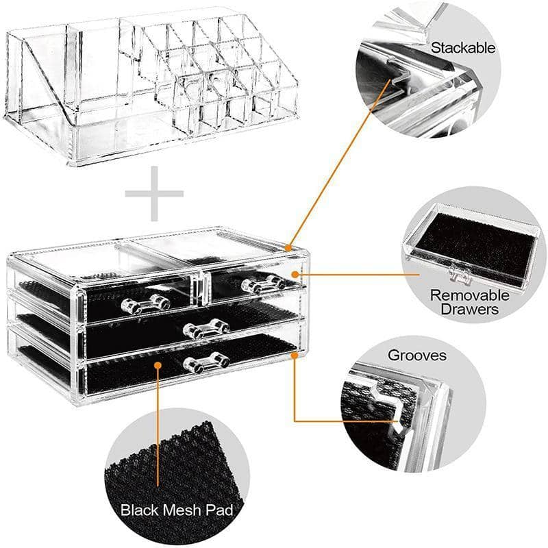 Clear Acrylic Makeup Organiser with 4 Drawers - Black Mesh Lined Drawers - view 4