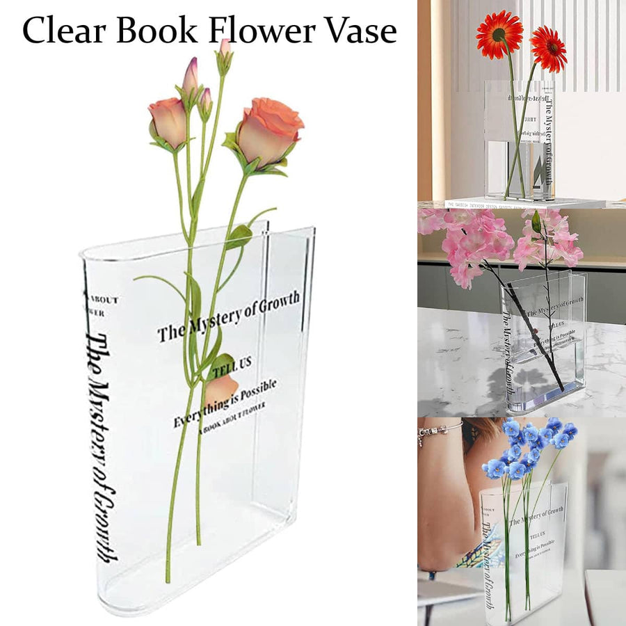 Clear Book Vase Flower Holder Acrylic Decorative Table Display - Clear