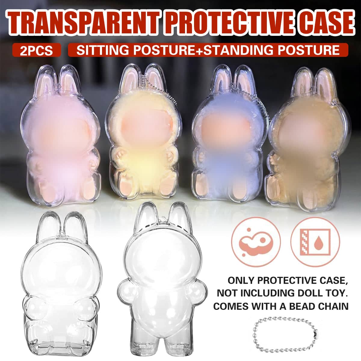 Clear Bunny-Shaped Toy Protective Case with Bead Chain - Sitting and Standing Set of 2