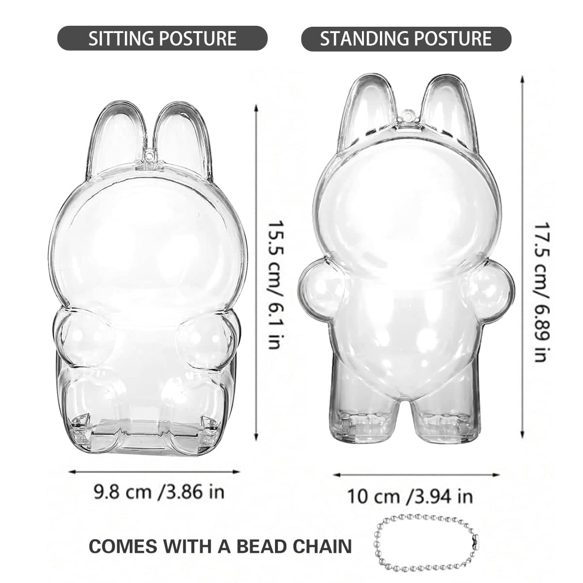 Clear Bunny-Shaped Toy Protective Case with Bead Chain - Sitting and Standing Set of 2 - view 3