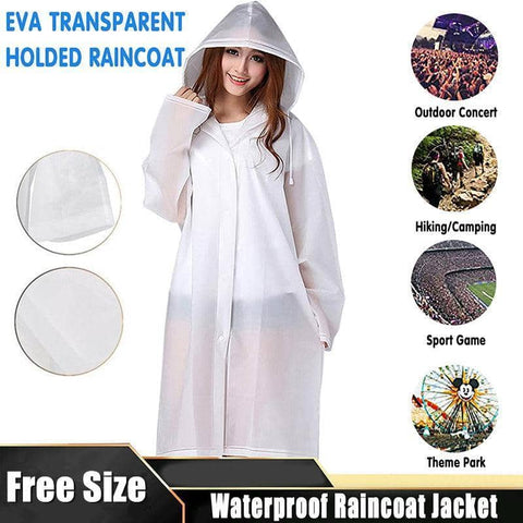 Clear EVA Hooded Raincoat with Drawstrings and Long Sleeves - Free Size