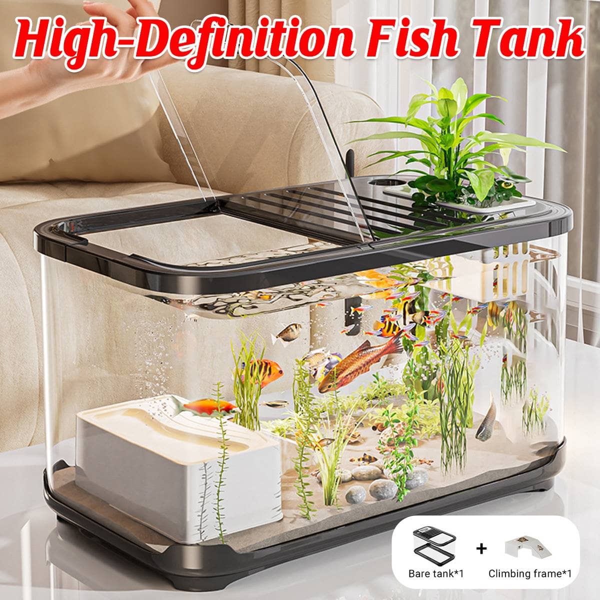 Clear Glass Desktop Fish Tank with Lid and Climbing Frame, Transparent Aquarium