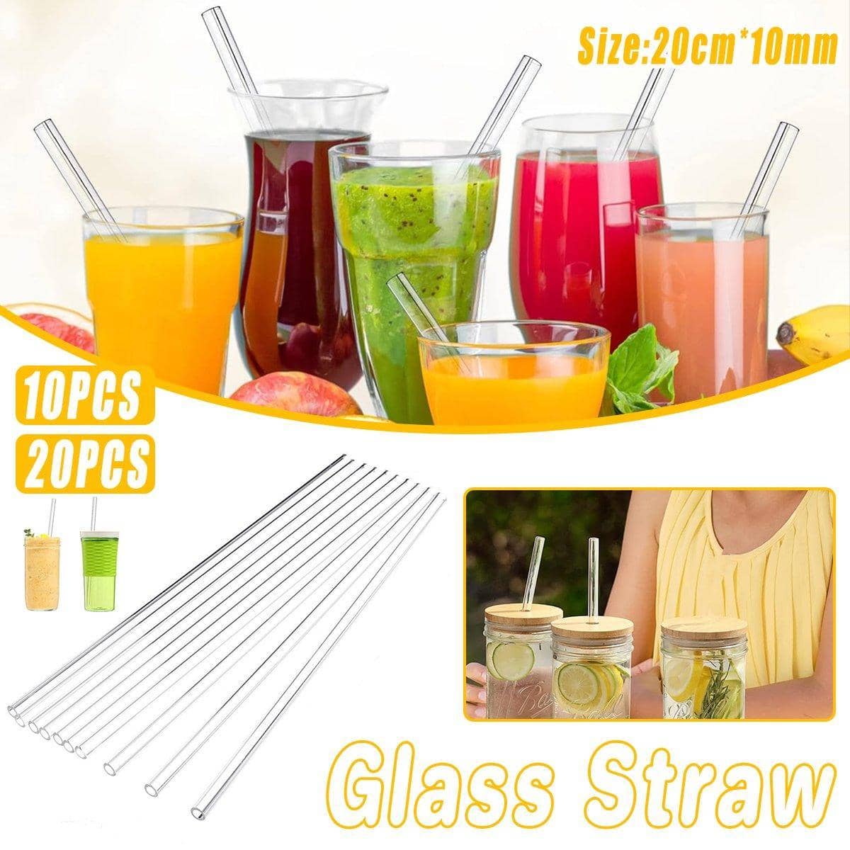 Clear Glass Straws, Pack of 10 - Reusable Heat-Resistant, 20 cm Long - view 2