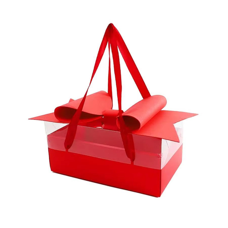 Clear Handheld Flower Gift Box with Bow - Red