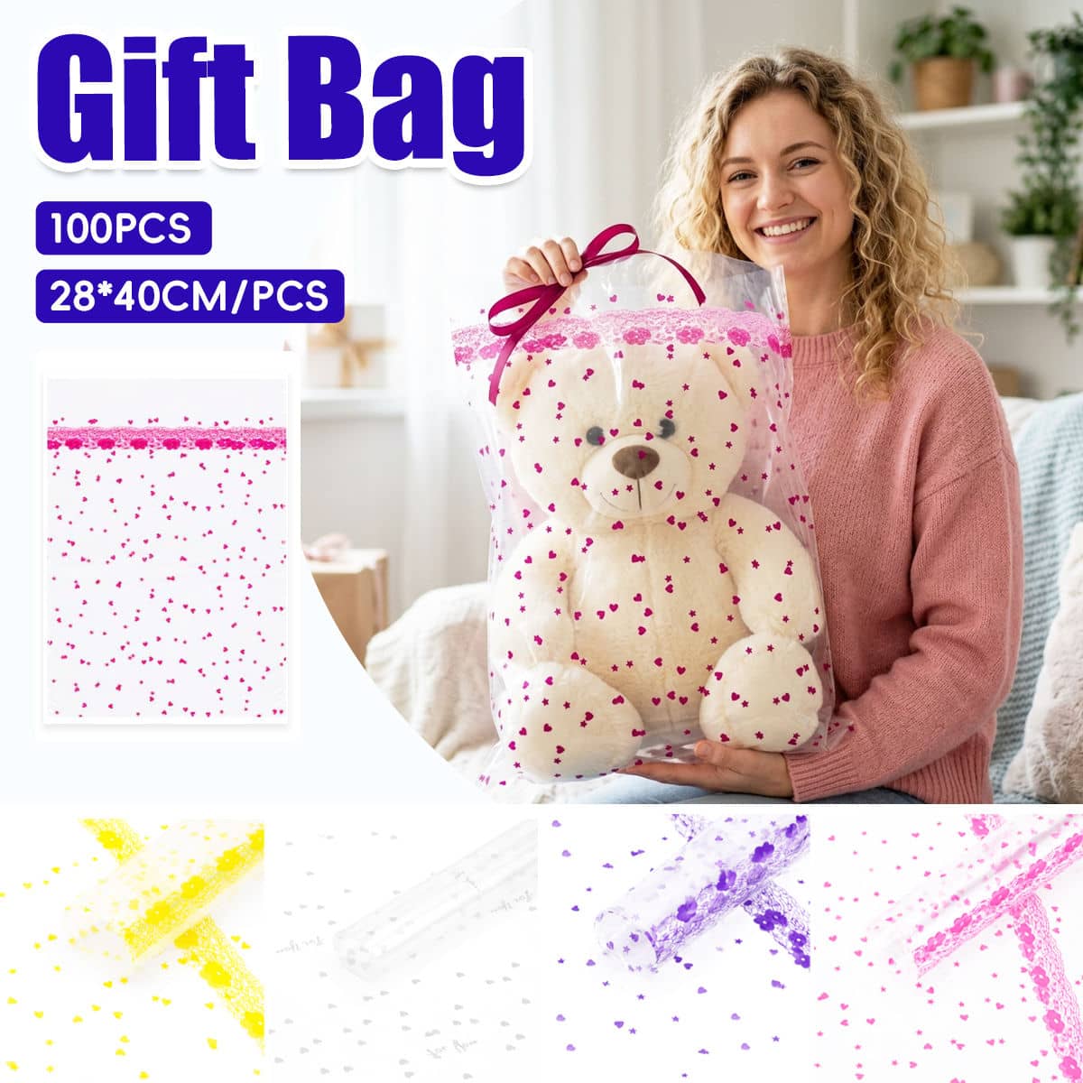 Clear Heart Print Plush Gift Bags 28 x 40 cm, Pack of 100 - White - view 2