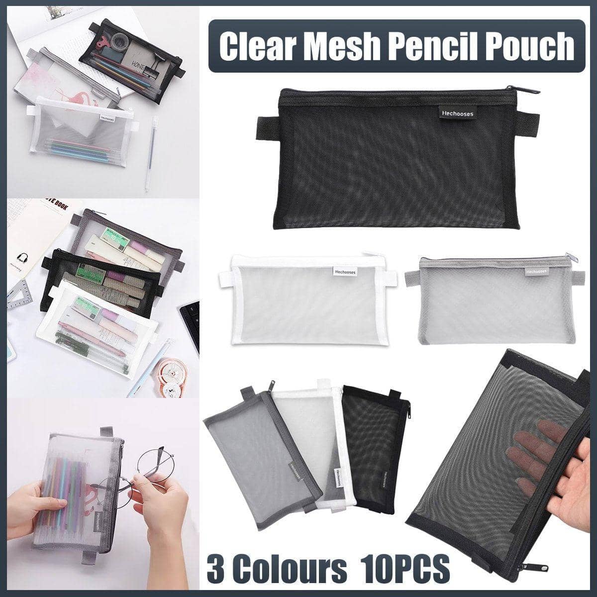 Clear Mesh Pencil Case Pouches, Pack of 10 - Black - view 2