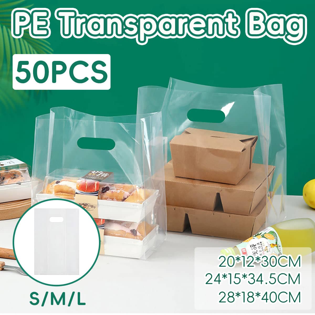 Clear PE Plastic Gift Bags with Handles, Pack of 50 - Large (28 x 18 x 40 cm) - view 2