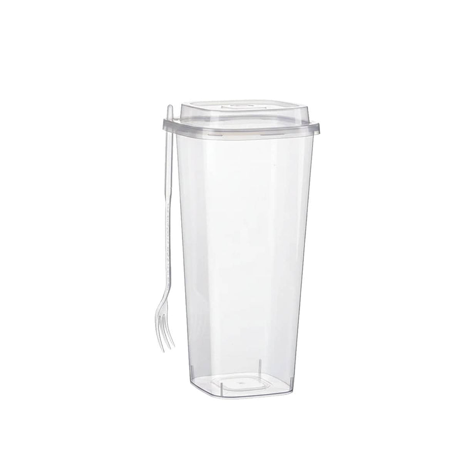 Clear Plastic Fruit Tea Cups with Lids and Forks - 650 ml, Pack of 50