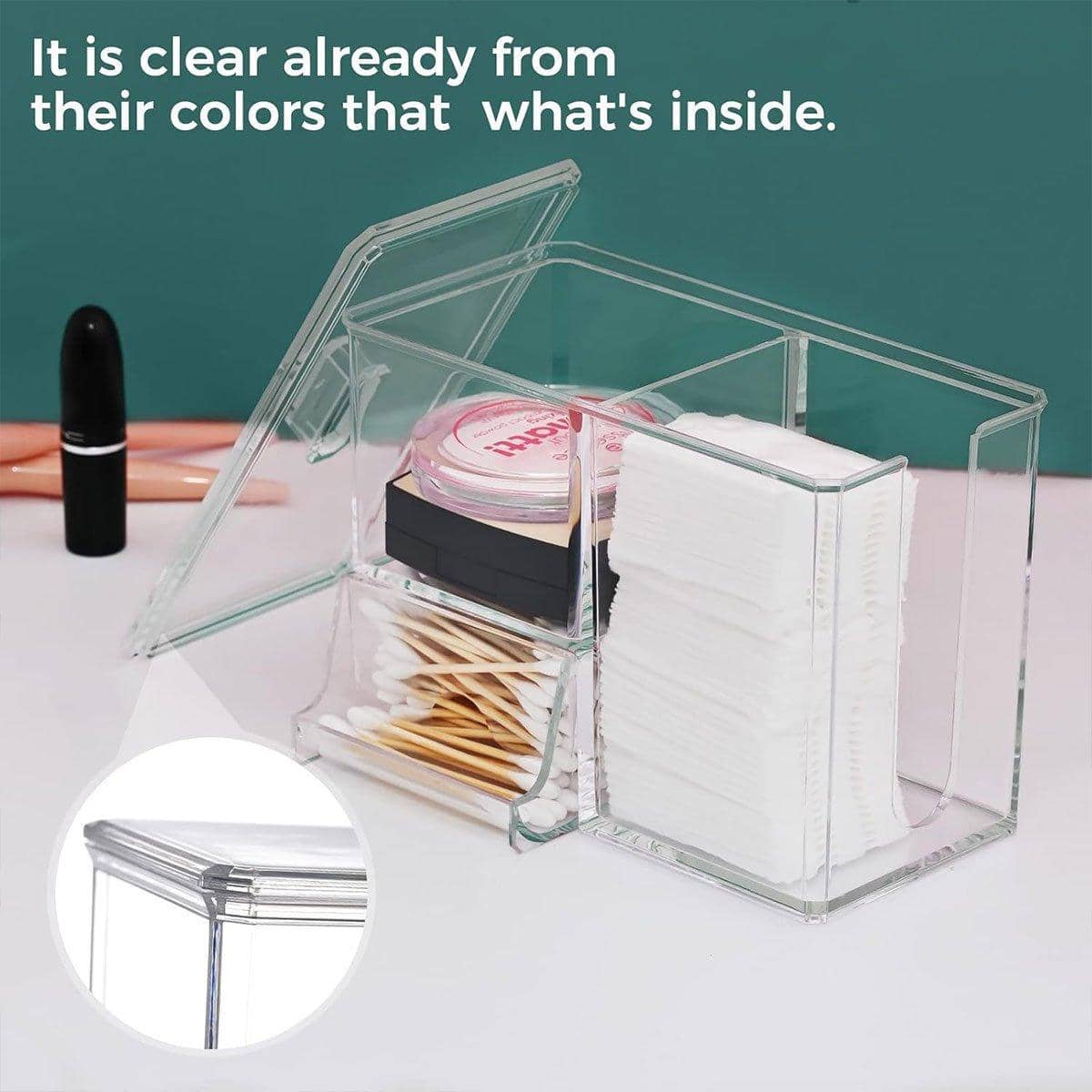 Clear Plastic Makeup Organiser with Cotton Swab Holder and Lid - view 4