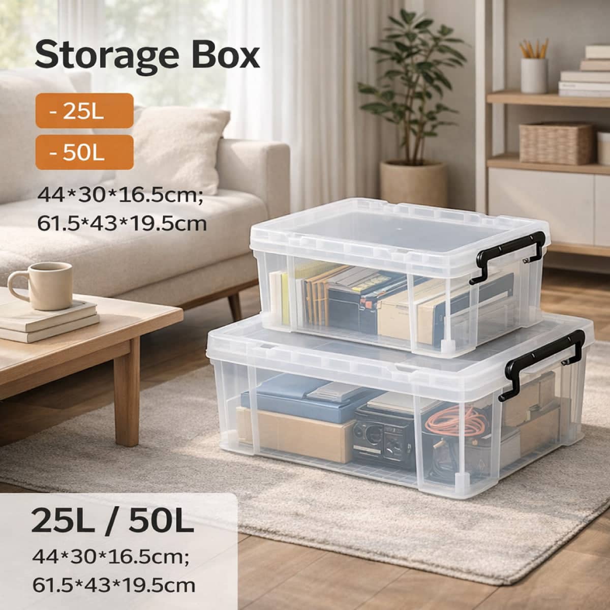 Clear Plastic Storage Box with Lid, Stackable - 50L (61.5 x 43 x 19.5cm) - view 2