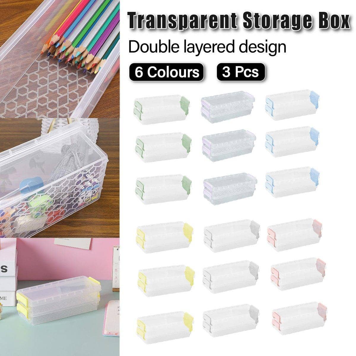 Clear Plastic Two-Layer Desktop Stationery Storage Boxes - Green, Set of 3 - view 2