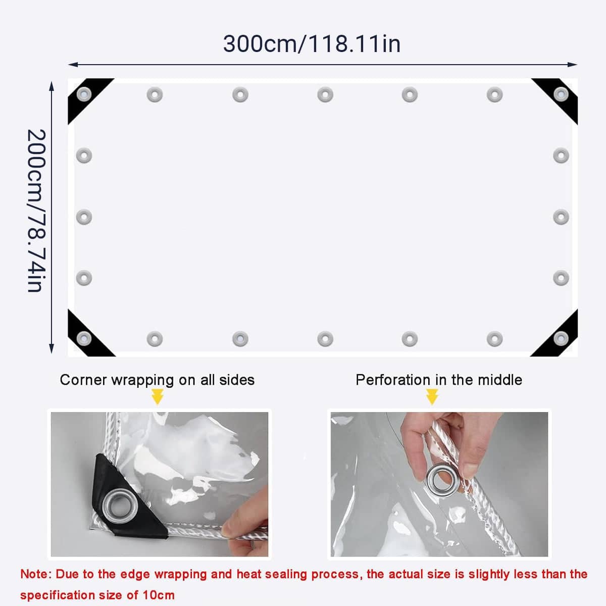 Clear PVC Tarpaulin with Grommets, 300 x 200cm - Heavy Duty Waterproof Tarp - view 3