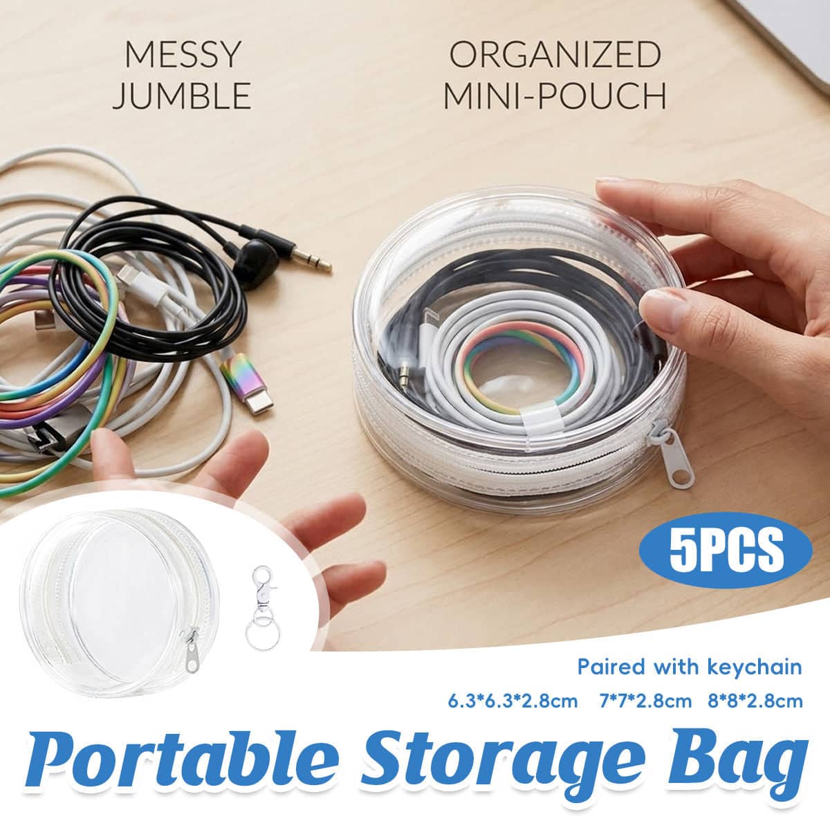 Clear Round Cable Storage Pouches, Pack of 5 - 7 x 7 x 2.8cm - view 2