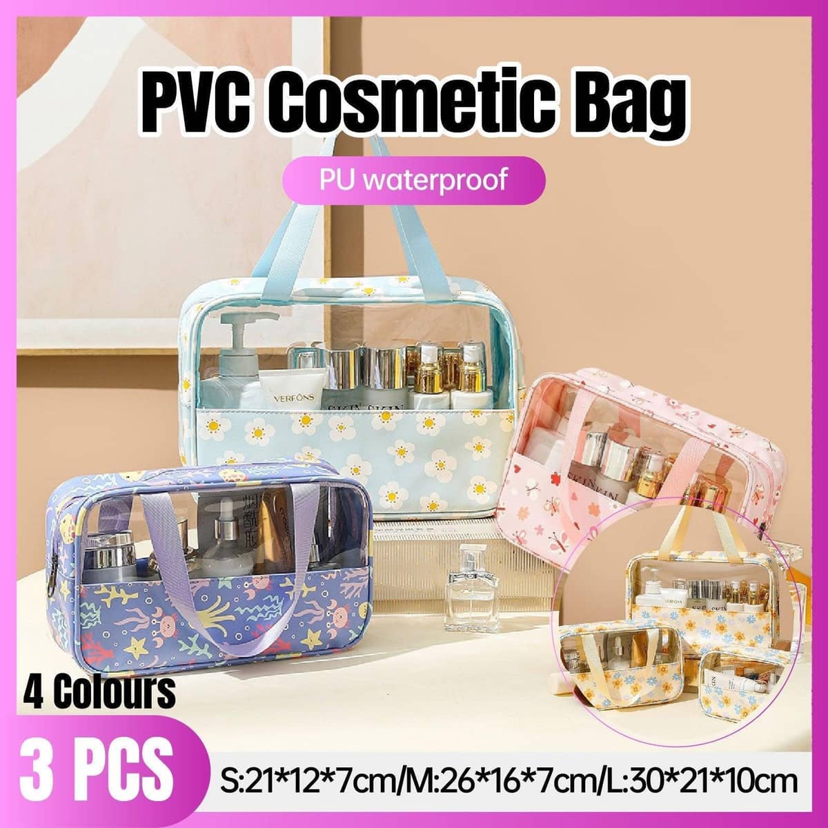 Clear Waterproof PVC Makeup Travel Bag Set, Pack of 3 - Blue - view 2