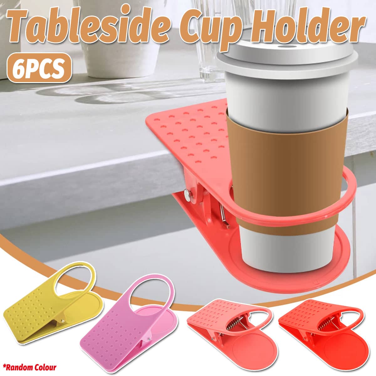 Clip-On Desk Cup Holder, Plastic Drink Bottle and Mug Stand, Pack of 6