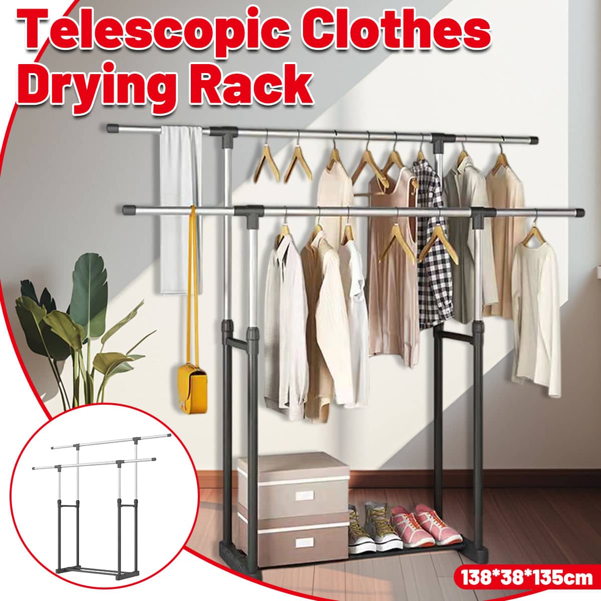 Clothes Drying Rack, Adjustable Telescopic Floor Standing Laundry Rack in Silver and Black