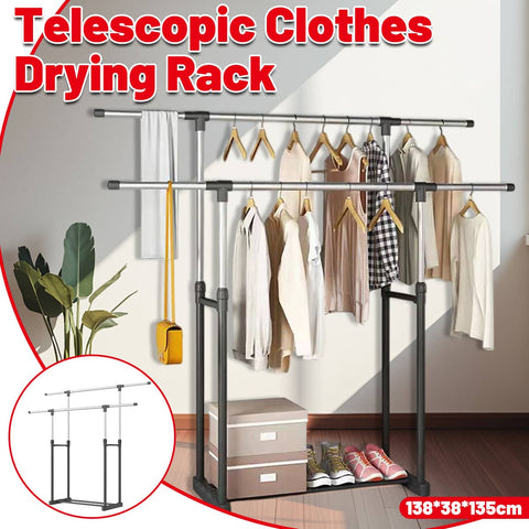 Clothes Drying Rack, Adjustable Telescopic Floor Standing Laundry Rack in Silver and Black
