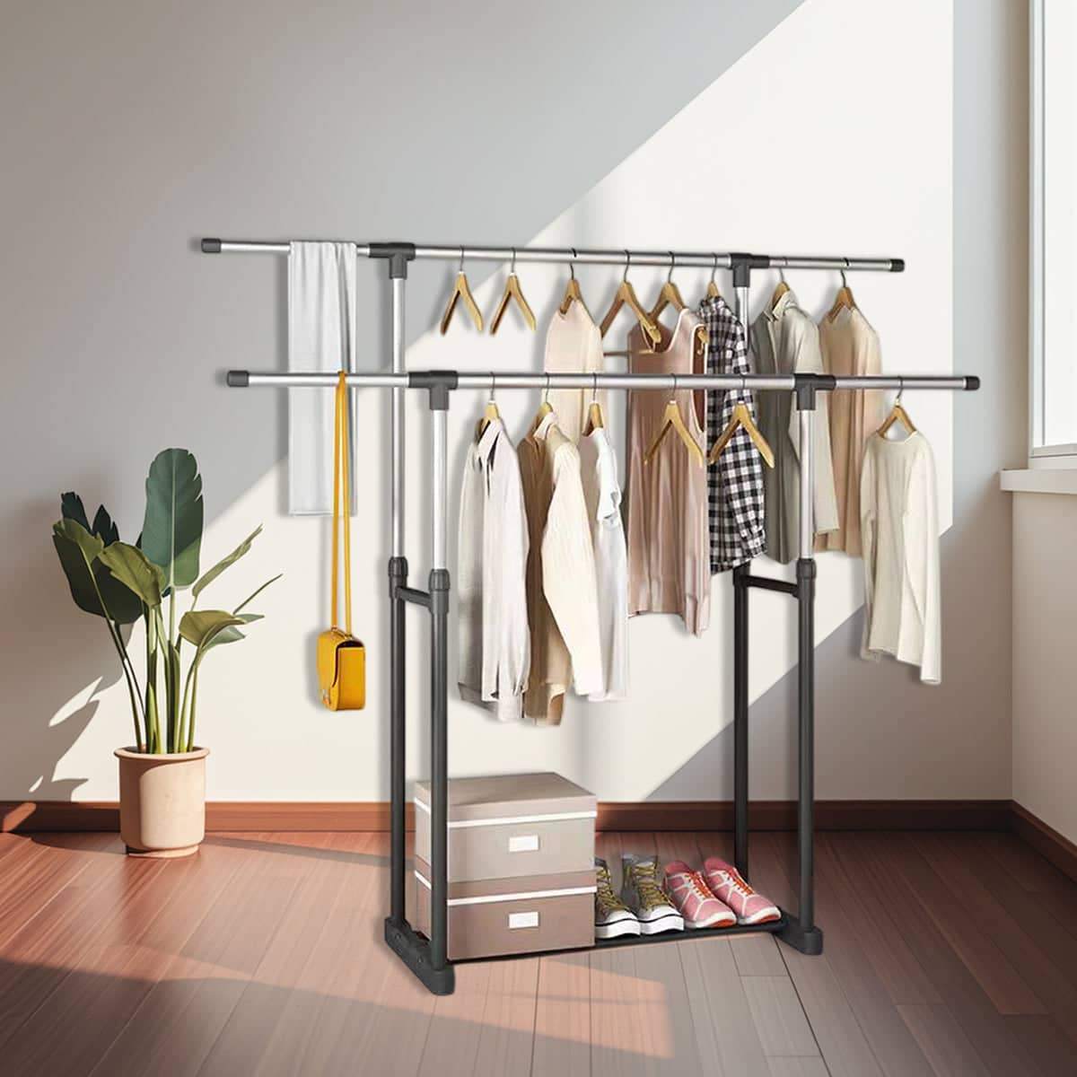 Clothes Drying Rack, Adjustable Telescopic Floor Standing Laundry Rack in Silver and Black - view 5