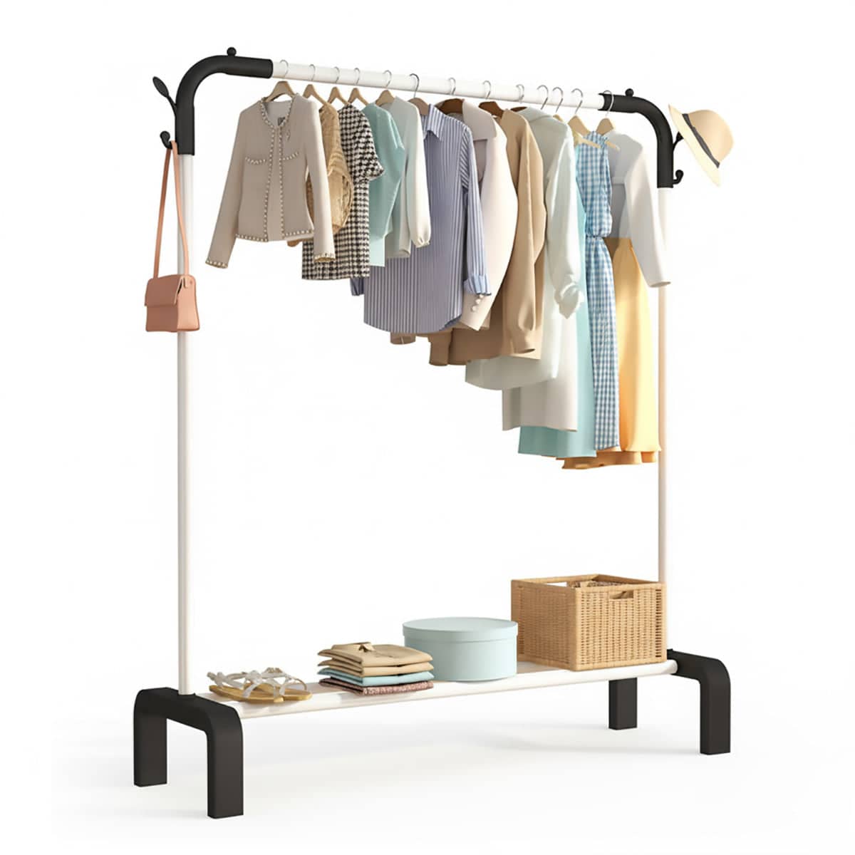 Clothes Rack for Bedroom and Laundry Room with Hanging Rod and Shelf - White