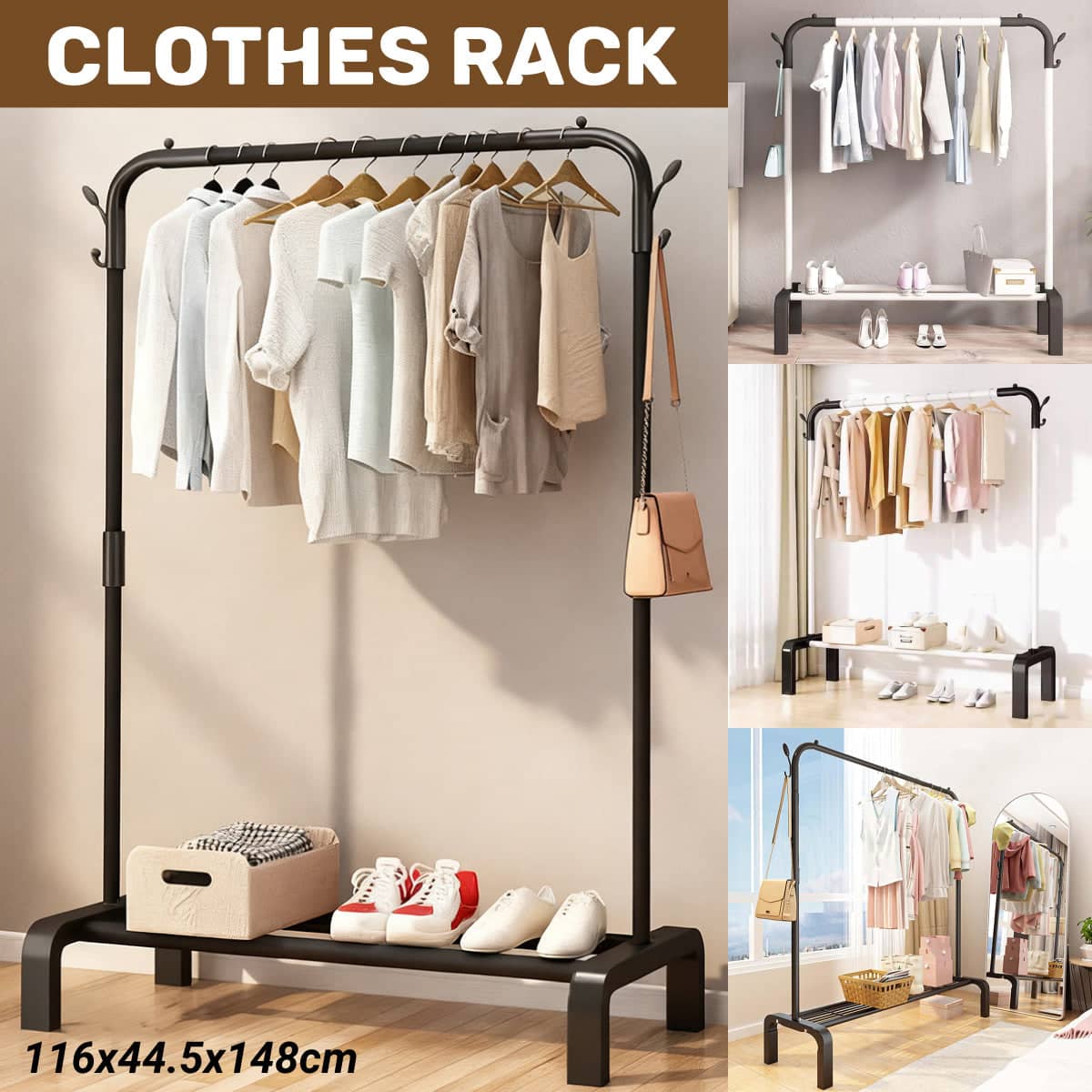 Clothes Rack for Bedroom and Laundry Room with Hanging Rod and Shelf - White - view 2