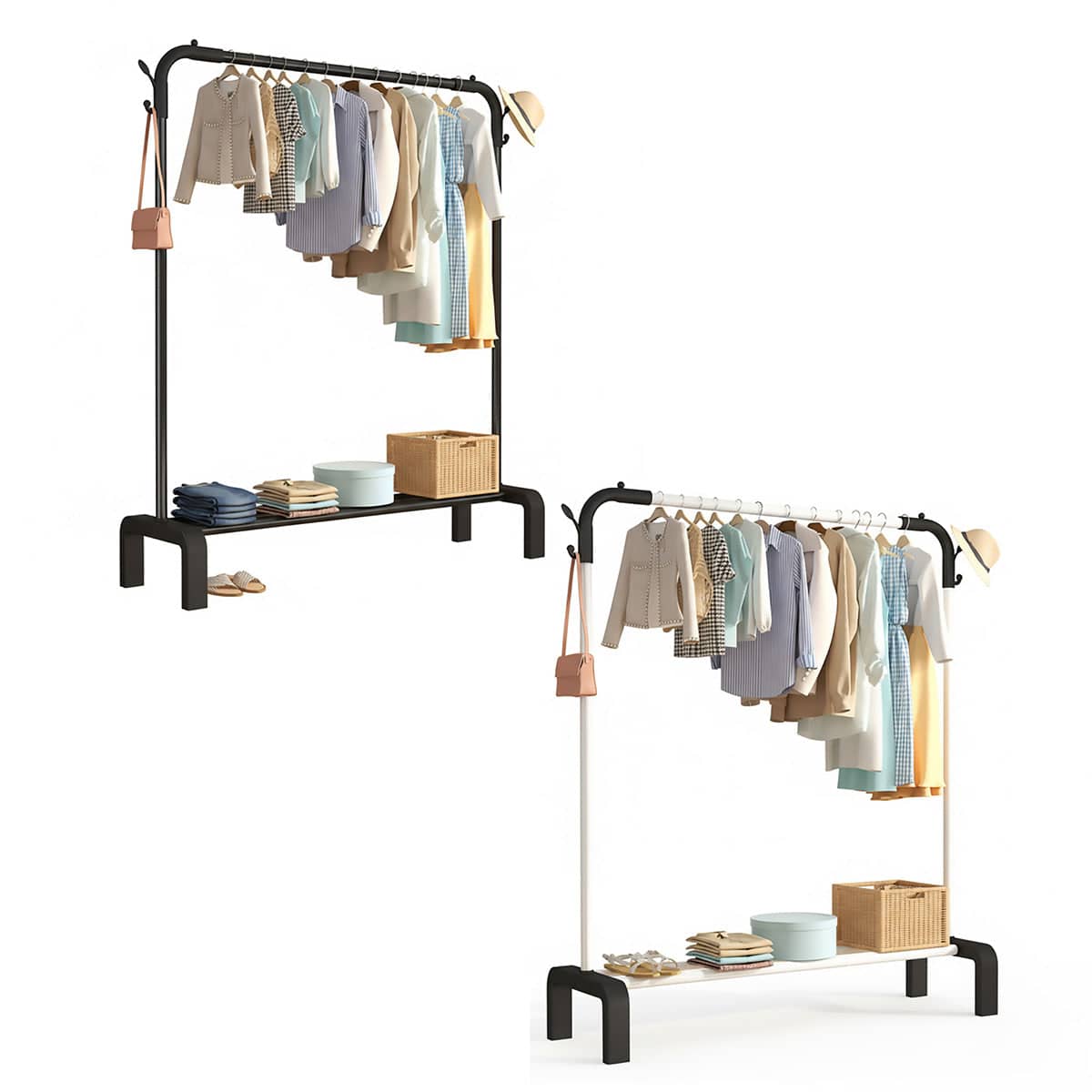 Clothes Rack for Bedroom and Laundry Room with Hanging Rod and Shelf - White - view 3